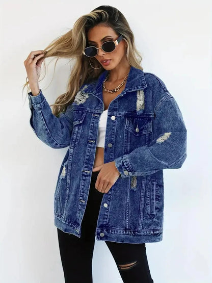 Megan | Damska oversize kurtka jeansowa z przetarciami, modny i casualowy fason