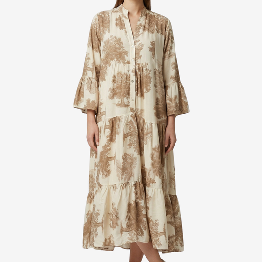 Colleen | Długa sukienka damska o luźnym kroju z nadrukiem i długimi rękawami