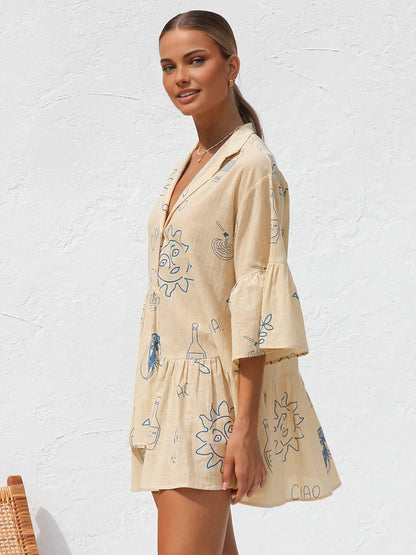 Jacqueline | Oversize’owa damska sukienka mini z nadrukiem słonecznym