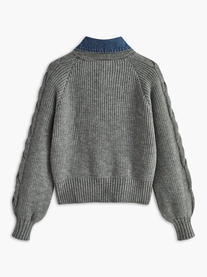 Lara | Damski sweter dzianinowy z denimu z kołnierzem typu lapel i prążkowaną fakturą