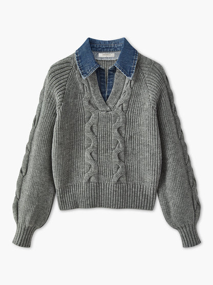 Lara | Damski sweter dzianinowy z denimu z kołnierzem typu lapel i prążkowaną fakturą