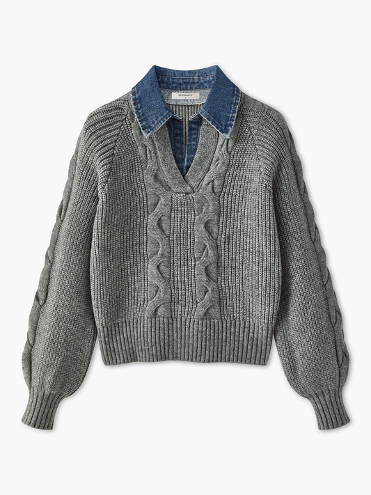Lara | Damski sweter dzianinowy z denimu z kołnierzem typu lapel i prążkowaną fakturą