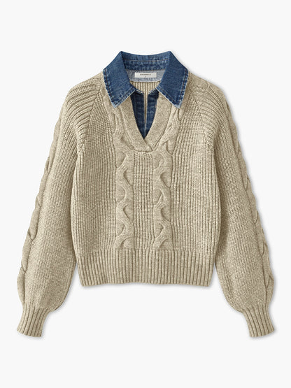 Lara | Damski sweter dzianinowy z denimu z kołnierzem typu lapel i prążkowaną fakturą