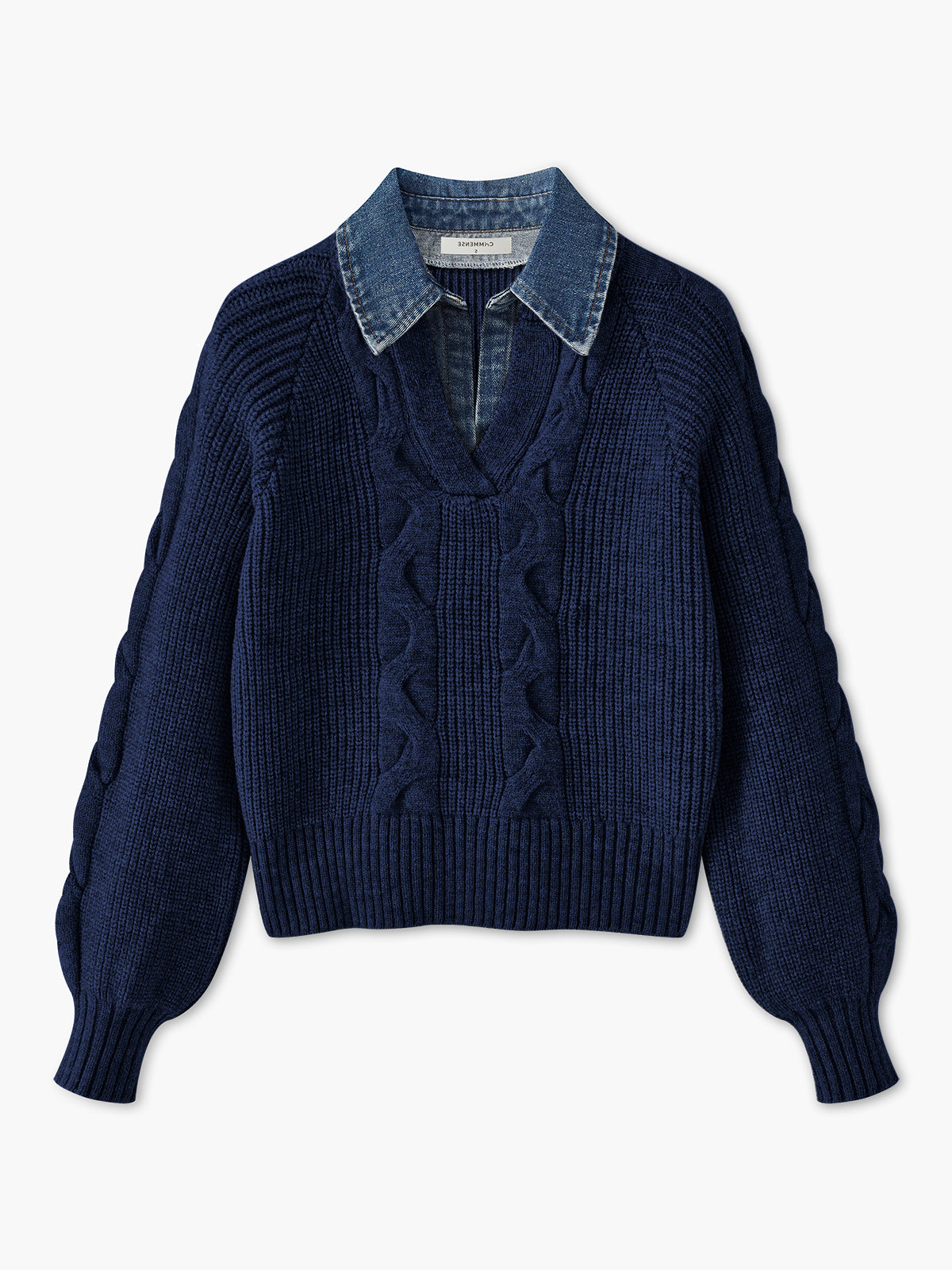 Lara | Damski sweter dzianinowy z denimu z kołnierzem typu lapel i prążkowaną fakturą