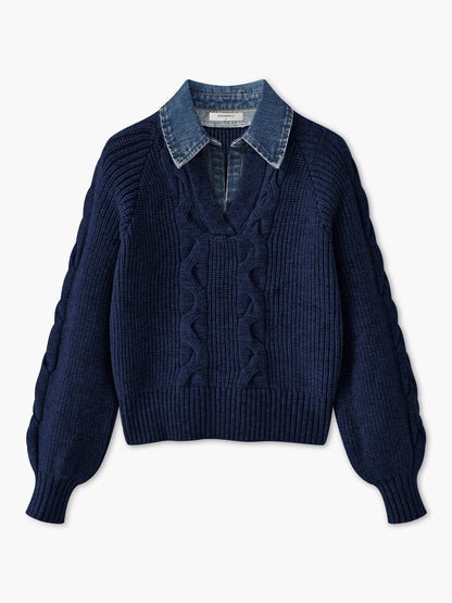 Lara | Damski sweter dzianinowy z denimu z kołnierzem typu lapel i prążkowaną fakturą
