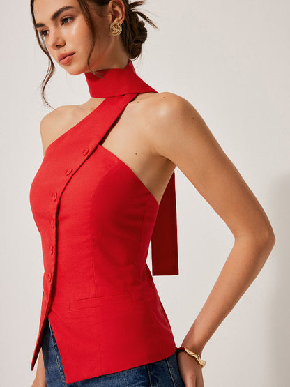 Harmony | Damski top halter z bawełny i lnu z ozdobnymi kieszeniami