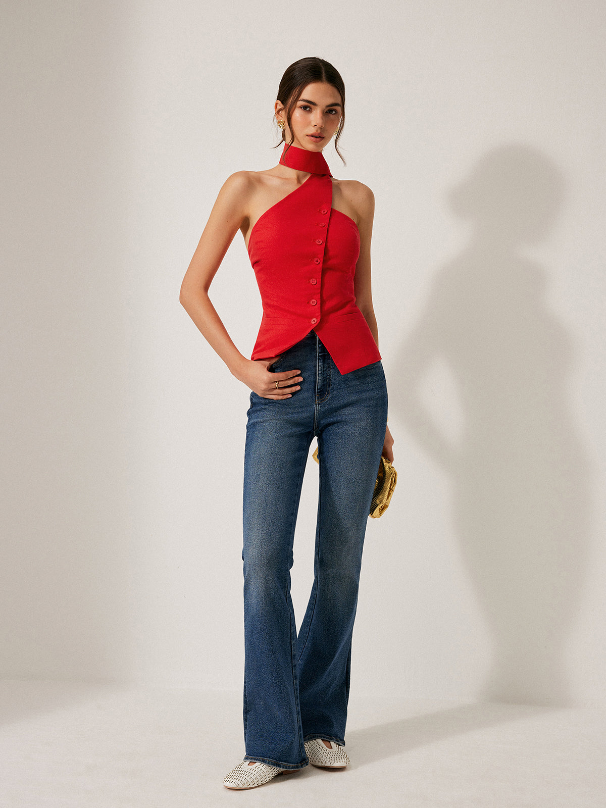 Harmony | Damski top halter z bawełny i lnu z ozdobnymi kieszeniami