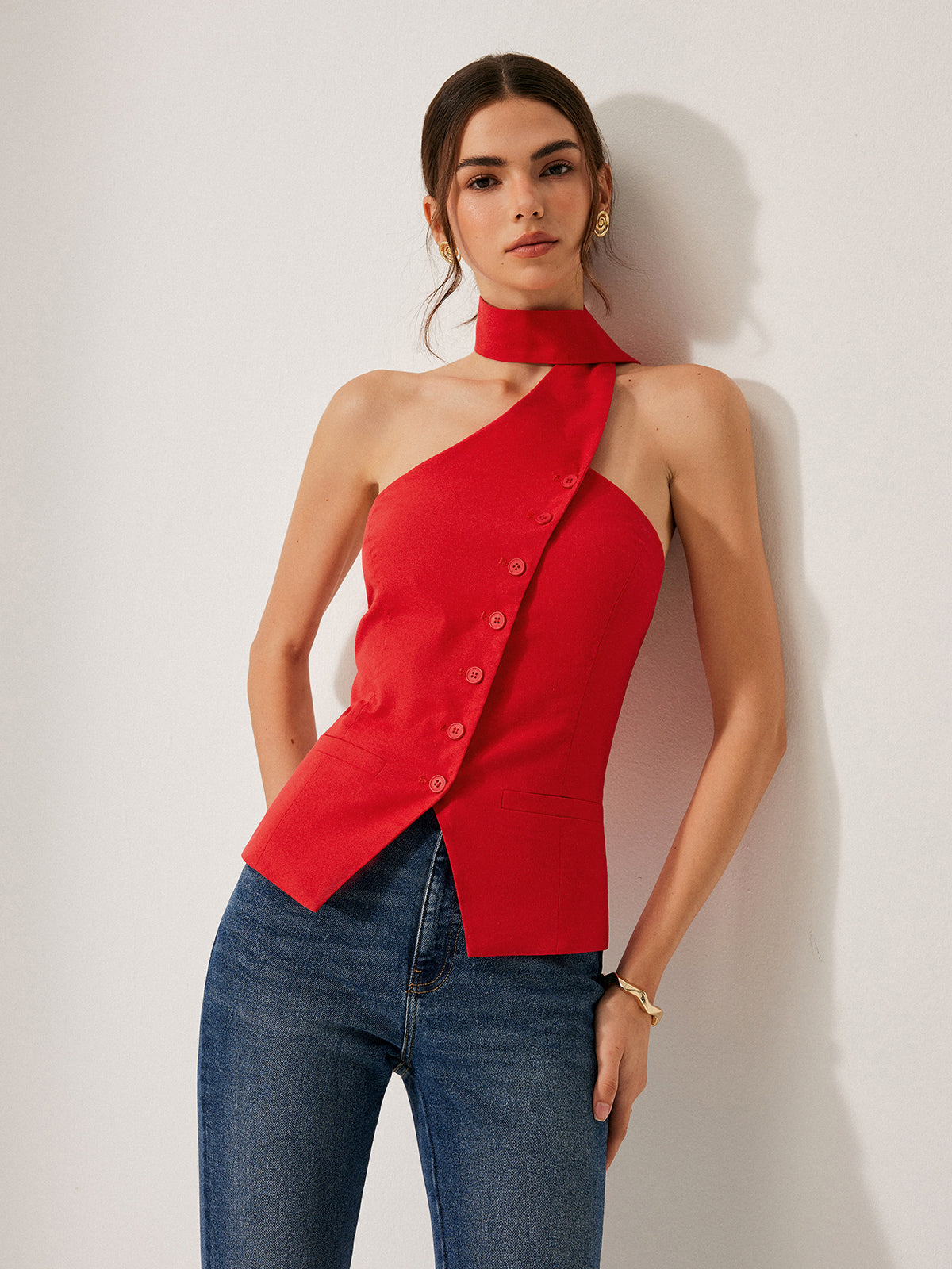 Harmony | Damski top halter z bawełny i lnu z ozdobnymi kieszeniami