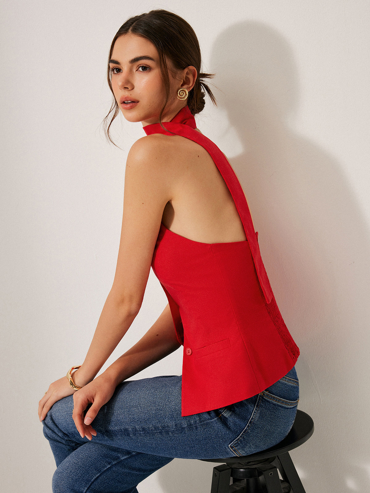Harmony | Damski top halter z bawełny i lnu z ozdobnymi kieszeniami
