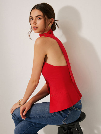 Harmony | Damski top halter z bawełny i lnu z ozdobnymi kieszeniami