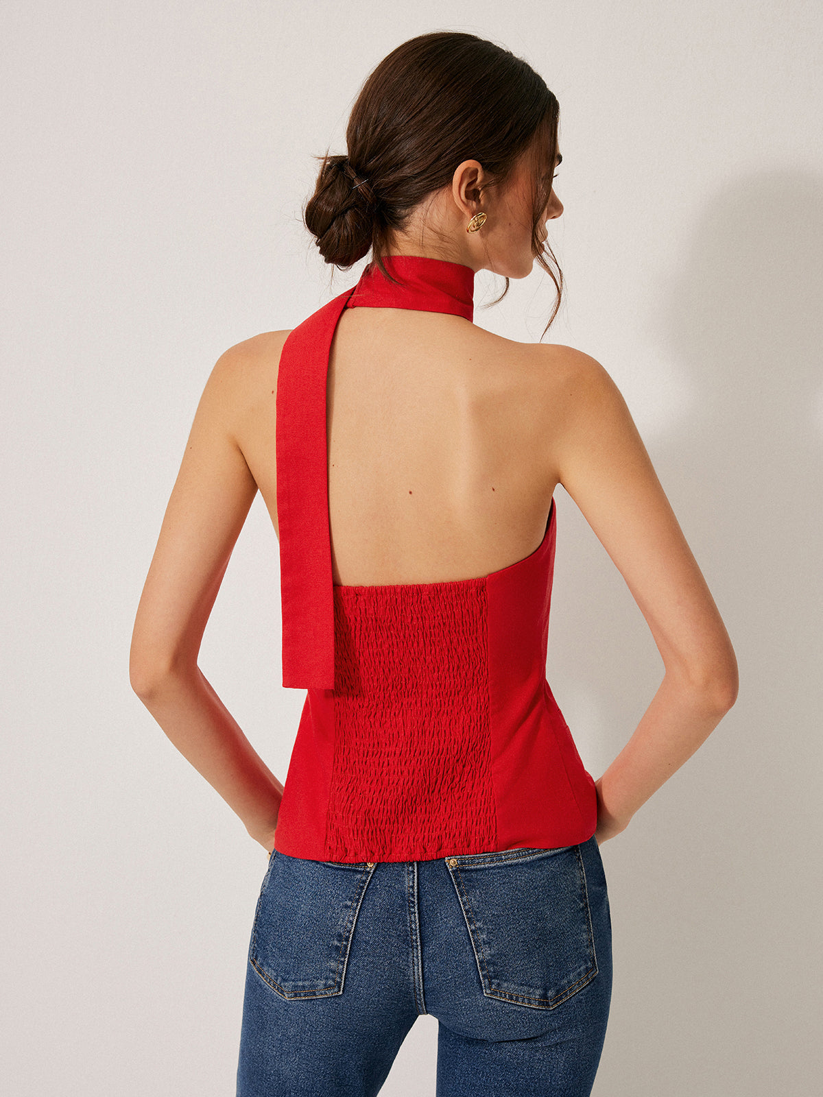 Harmony | Damski top halter z bawełny i lnu z ozdobnymi kieszeniami