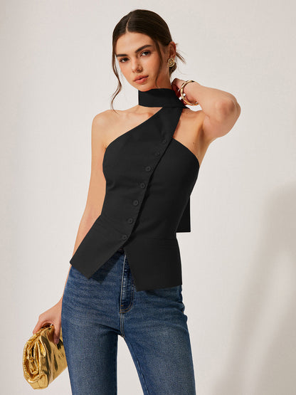 Harmony | Damski top halter z bawełny i lnu z ozdobnymi kieszeniami