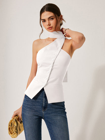 Harmony | Damski top halter z bawełny i lnu z ozdobnymi kieszeniami