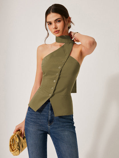 Harmony | Damski top halter z bawełny i lnu z ozdobnymi kieszeniami