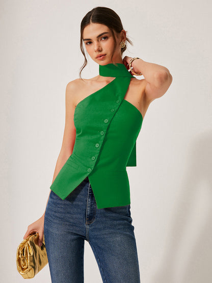Harmony | Damski top halter z bawełny i lnu z ozdobnymi kieszeniami