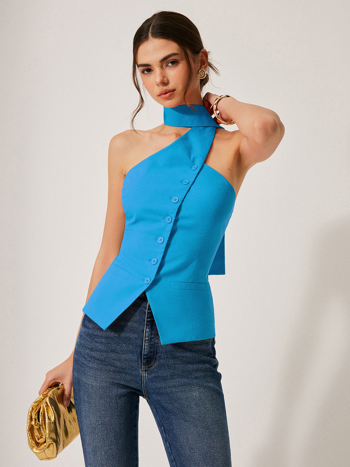 Harmony | Damski top halter z bawełny i lnu z ozdobnymi kieszeniami