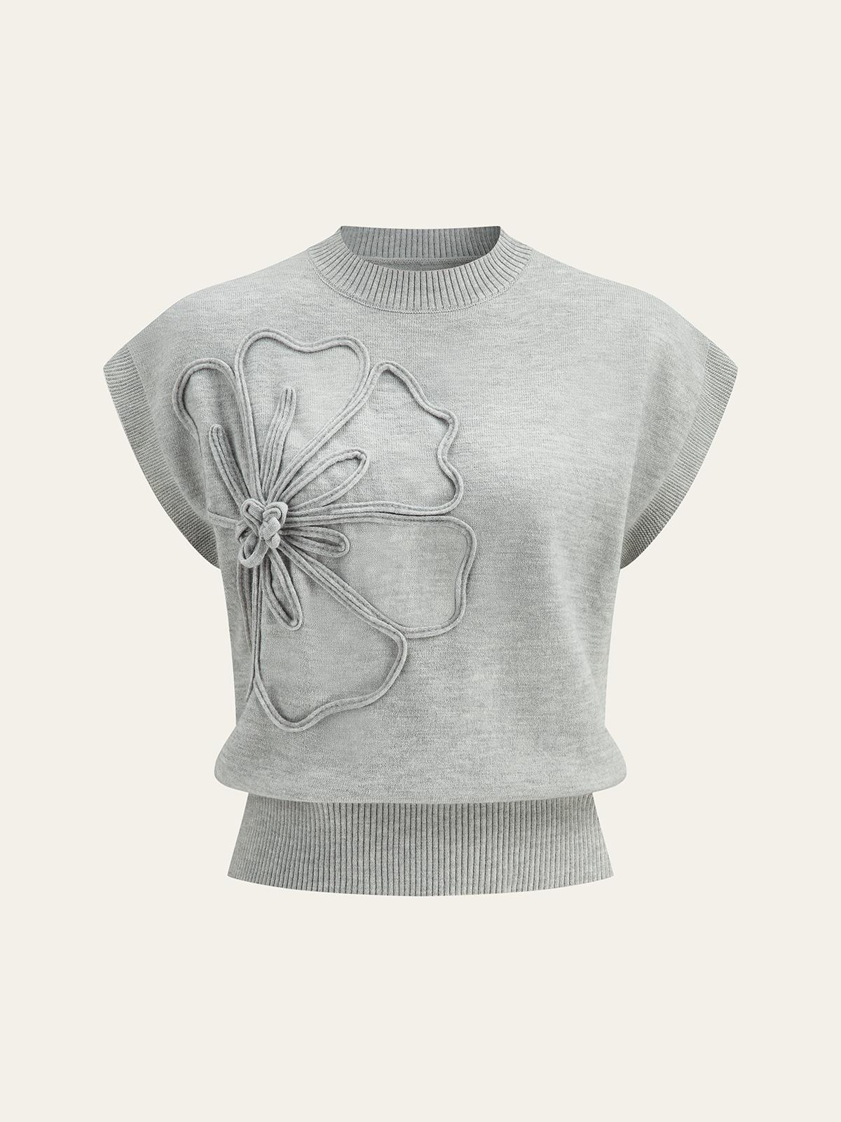 Iona | Damski dzianinowy top z aplikacjami kwiatowymi i krótkimi rękawami typu cap sleeve