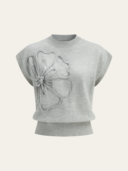 Iona | Damski dzianinowy top z aplikacjami kwiatowymi i krótkimi rękawami typu cap sleeve