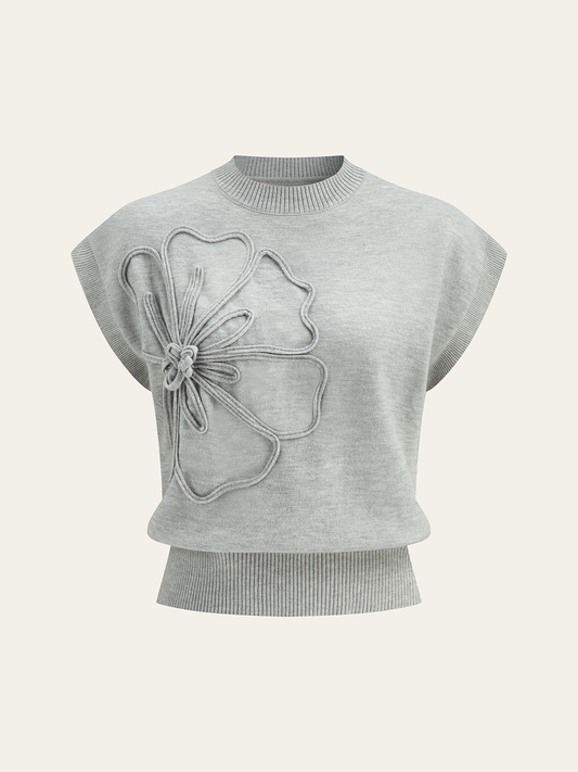 Iona | Damski dzianinowy top z aplikacjami kwiatowymi i krótkimi rękawami typu cap sleeve