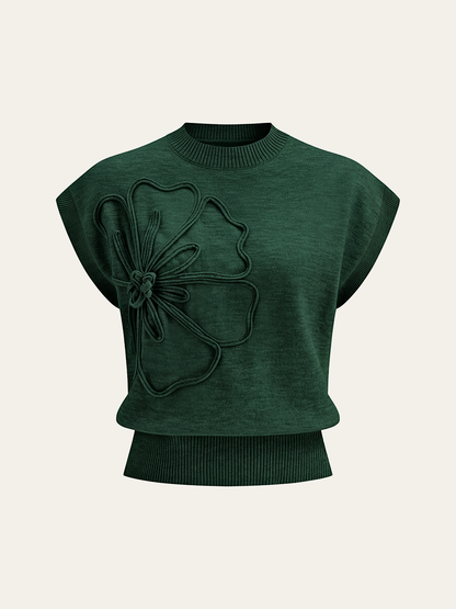 Iona | Damski dzianinowy top z aplikacjami kwiatowymi i krótkimi rękawami typu cap sleeve