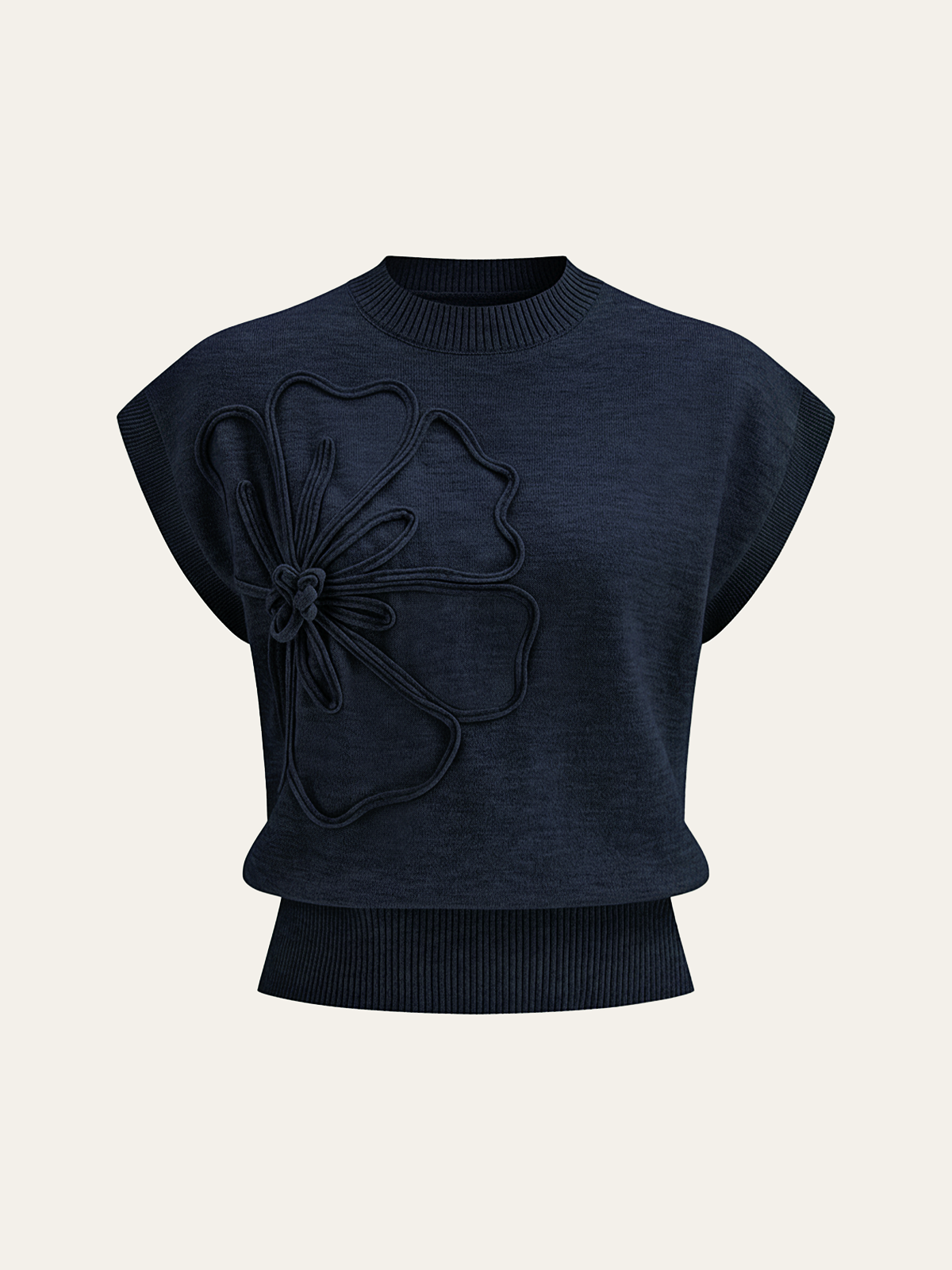 Iona | Damski dzianinowy top z aplikacjami kwiatowymi i krótkimi rękawami typu cap sleeve