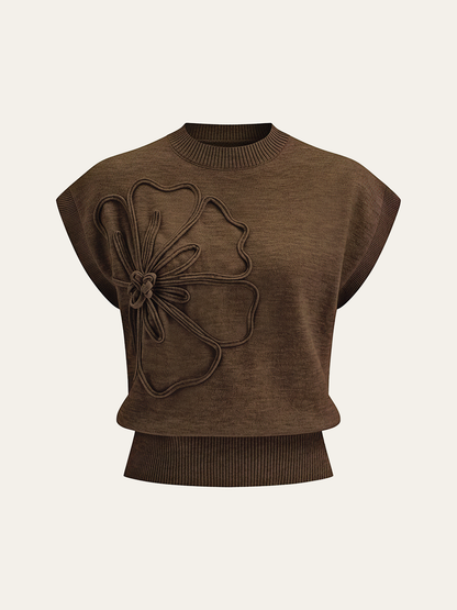 Iona | Damski dzianinowy top z aplikacjami kwiatowymi i krótkimi rękawami typu cap sleeve