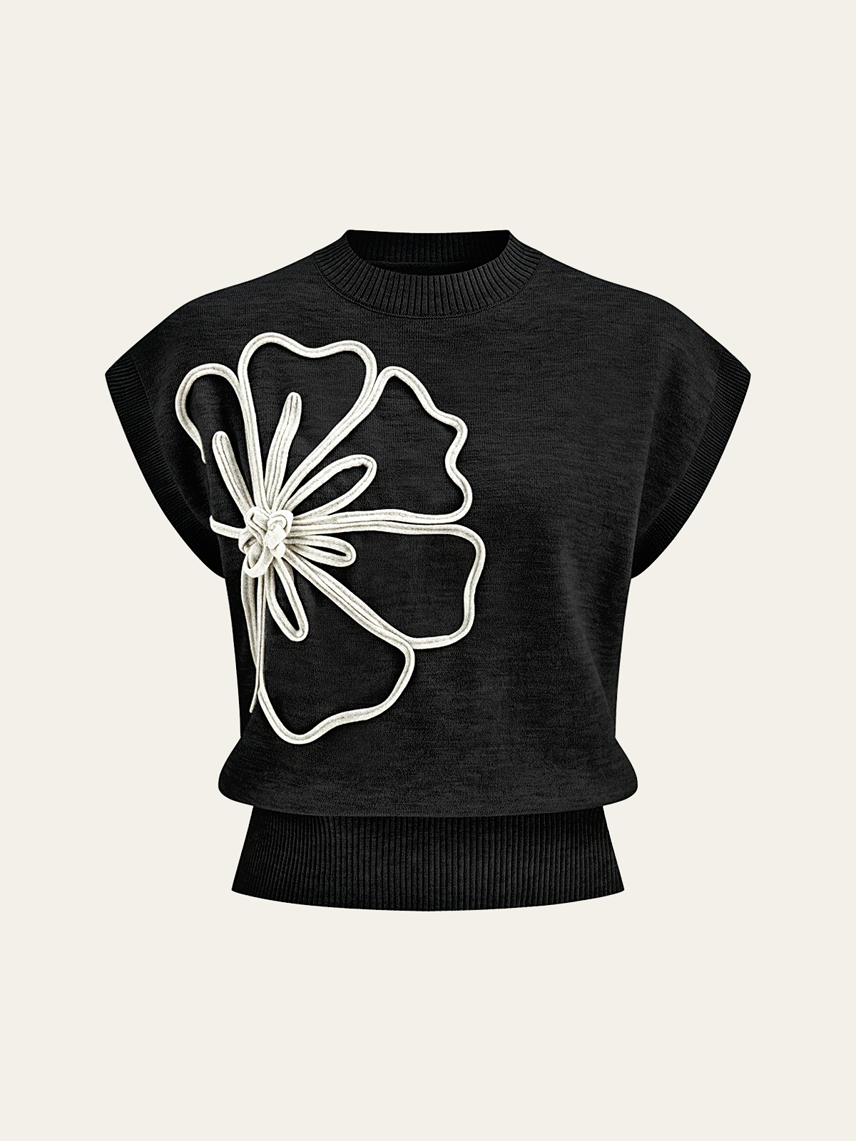 Iona | Damski dzianinowy top z aplikacjami kwiatowymi i krótkimi rękawami typu cap sleeve