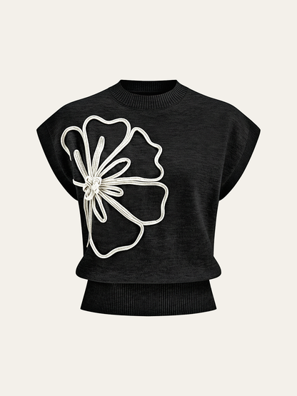 Iona | Damski dzianinowy top z aplikacjami kwiatowymi i krótkimi rękawami typu cap sleeve