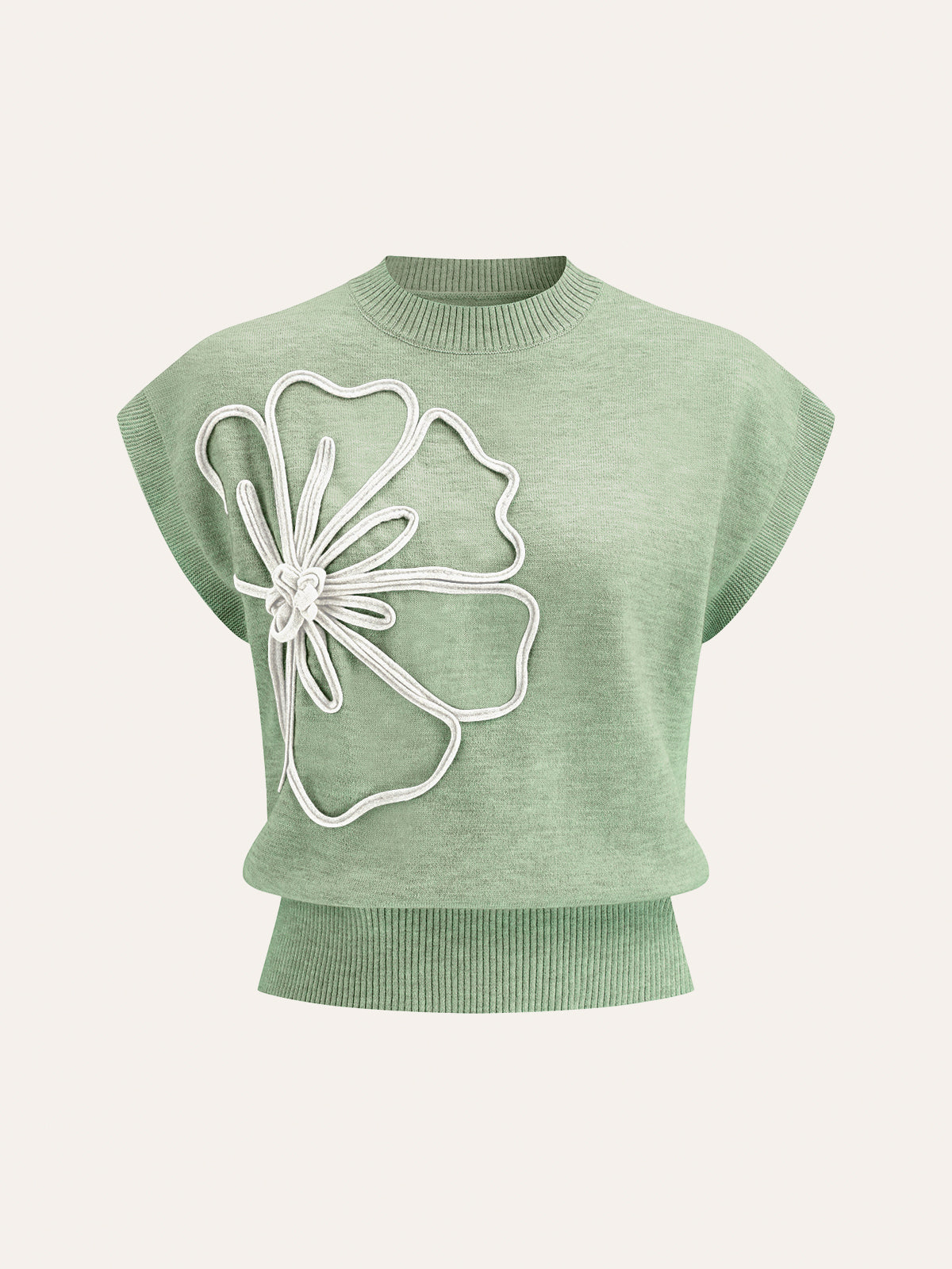 Iona | Damski dzianinowy top z aplikacjami kwiatowymi i krótkimi rękawami typu cap sleeve