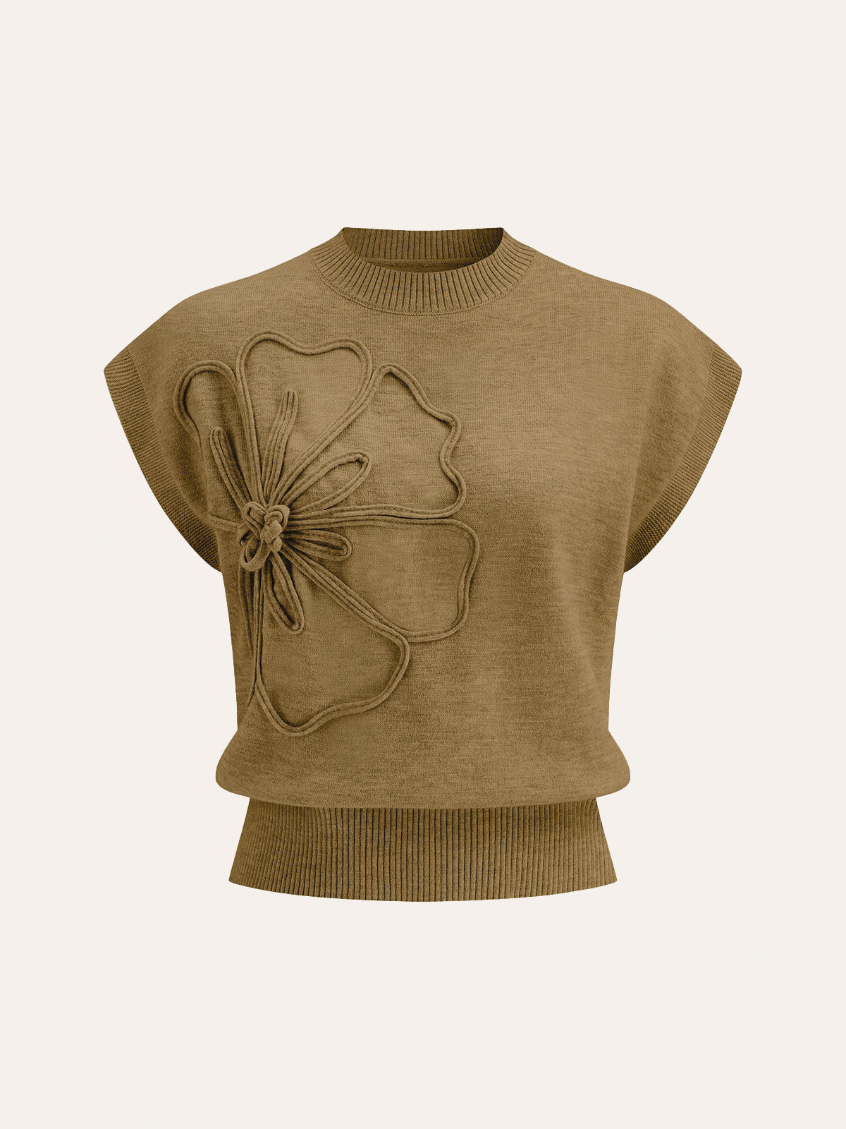Iona | Damski dzianinowy top z aplikacjami kwiatowymi i krótkimi rękawami typu cap sleeve