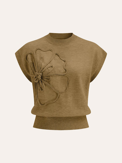 Iona | Damski dzianinowy top z aplikacjami kwiatowymi i krótkimi rękawami typu cap sleeve