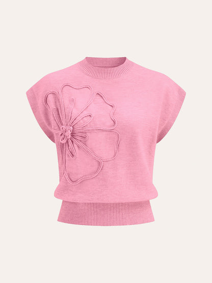 Iona | Damski dzianinowy top z aplikacjami kwiatowymi i krótkimi rękawami typu cap sleeve