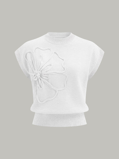 Iona | Damski dzianinowy top z aplikacjami kwiatowymi i krótkimi rękawami typu cap sleeve
