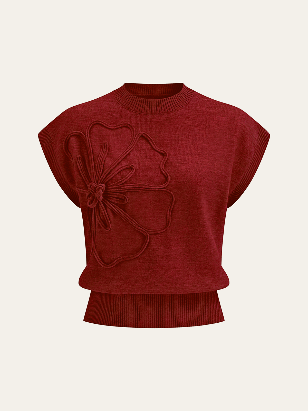 Iona | Damski dzianinowy top z aplikacjami kwiatowymi i krótkimi rękawami typu cap sleeve