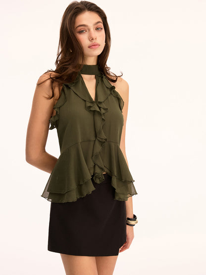 Carlena | Top damski typu halter z falbaną i peplum z szyfonu, elegancki fason