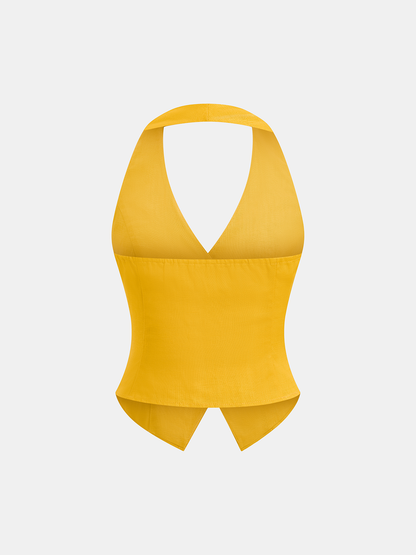 Mara | Komplet damski z topem typu halter i szortami z mieszanki lnu