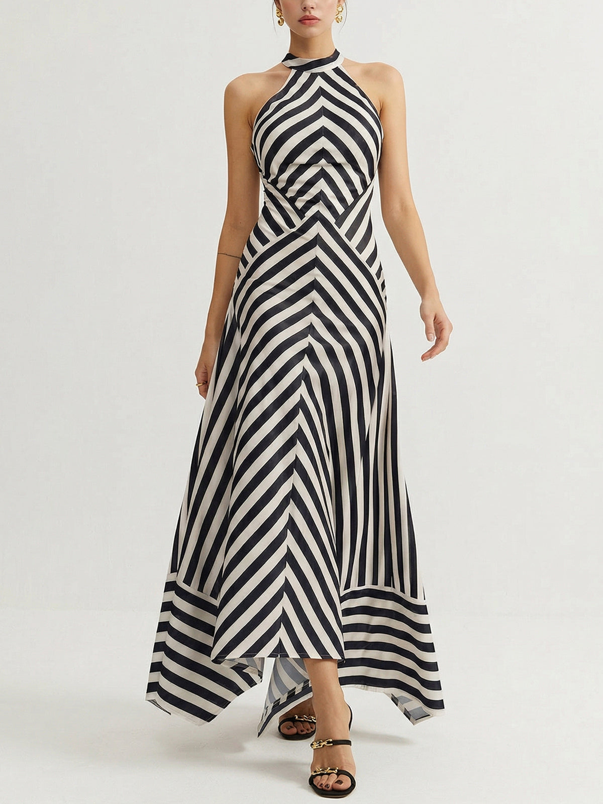 Angie | Sukienka damska maxi w paski typu halter z odkrytymi plecami