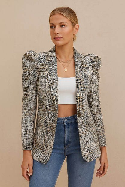 Hunter - Elegancka, stylowa marynarka w kratę z bufiastymi rękawami dla kobiet
