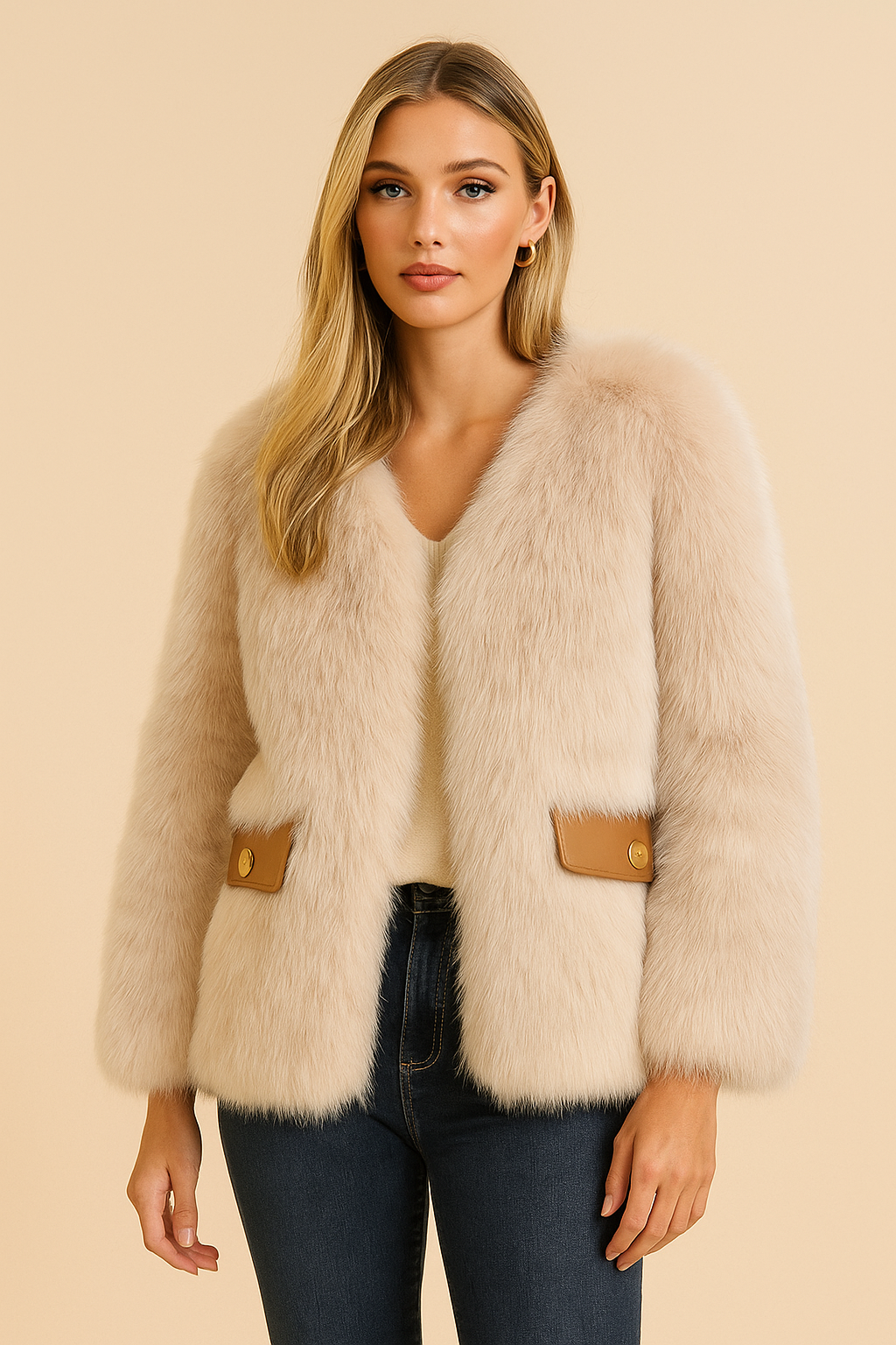 Blanche – Elegancka, modna, luksusowa kurtka damska z kieszeniami, wykonana z imitacji futra