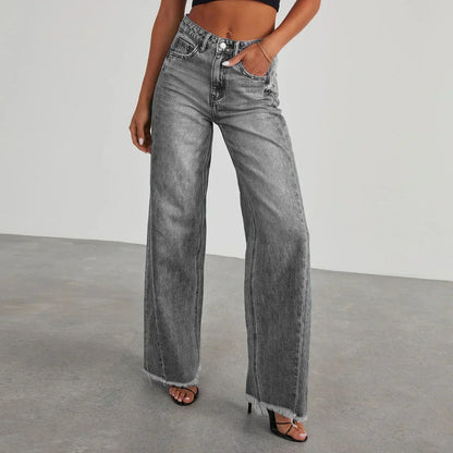 Barbara | Jeansy damskie wide leg | Szare, z nieobszytym dołem