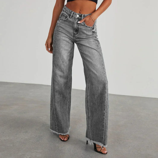 Barbara | Jeansy damskie wide leg | Szare, z nieobszytym dołem