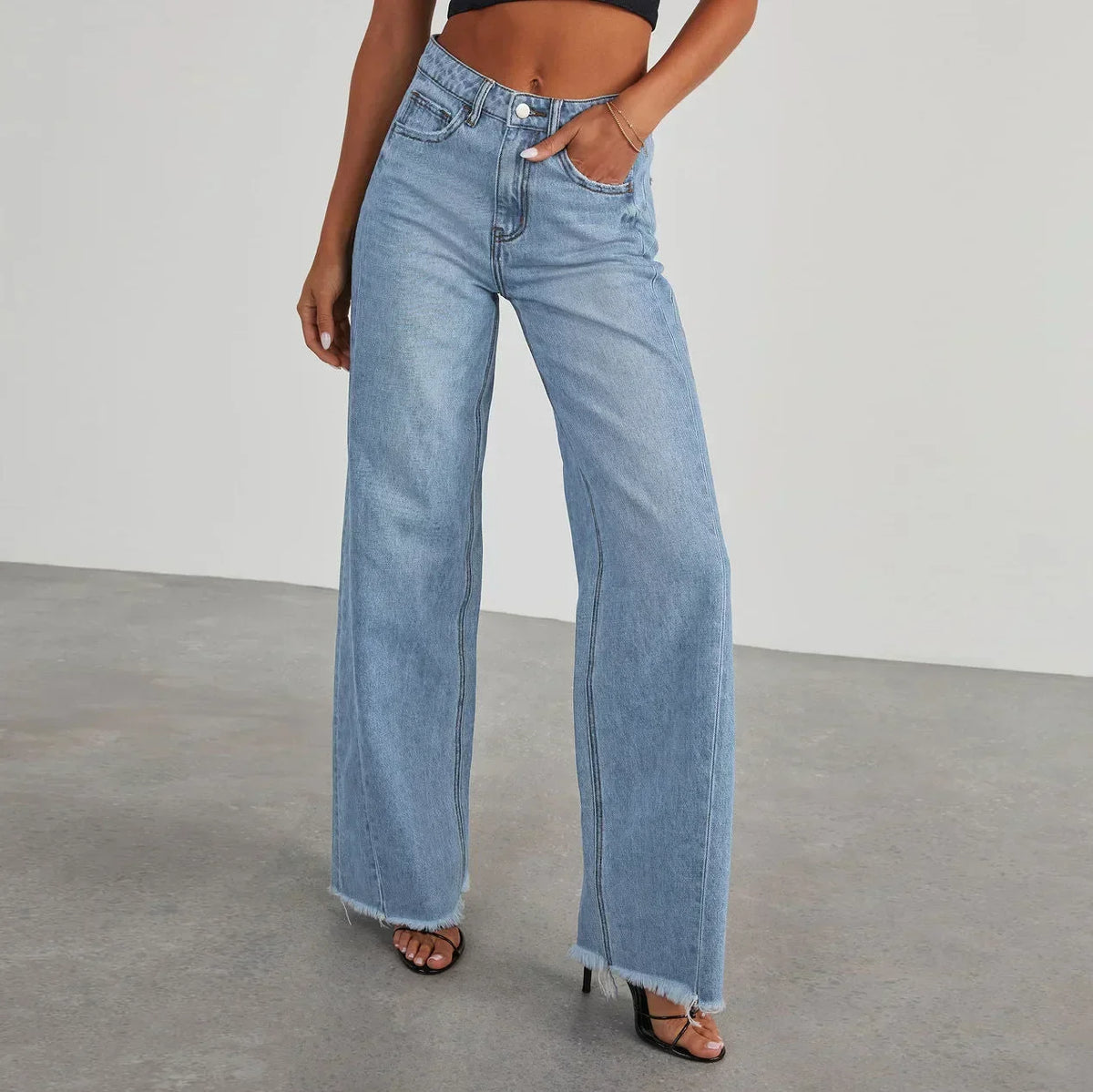 Barbara | Jeansy damskie wide leg | Szare, z nieobszytym dołem