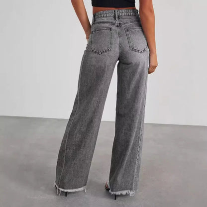 Barbara | Jeansy damskie wide leg | Szare, z nieobszytym dołem