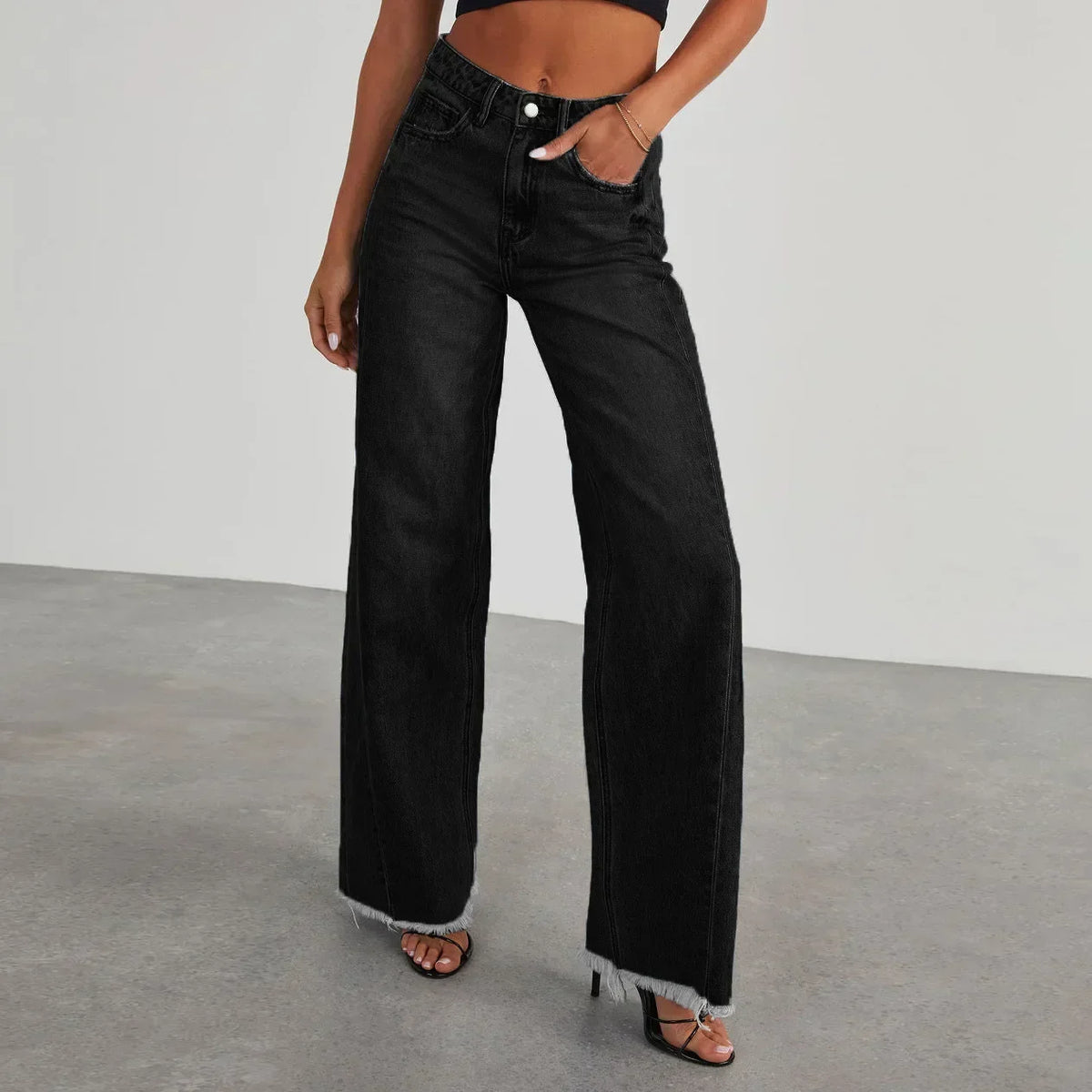 Barbara | Jeansy damskie wide leg | Szare, z nieobszytym dołem