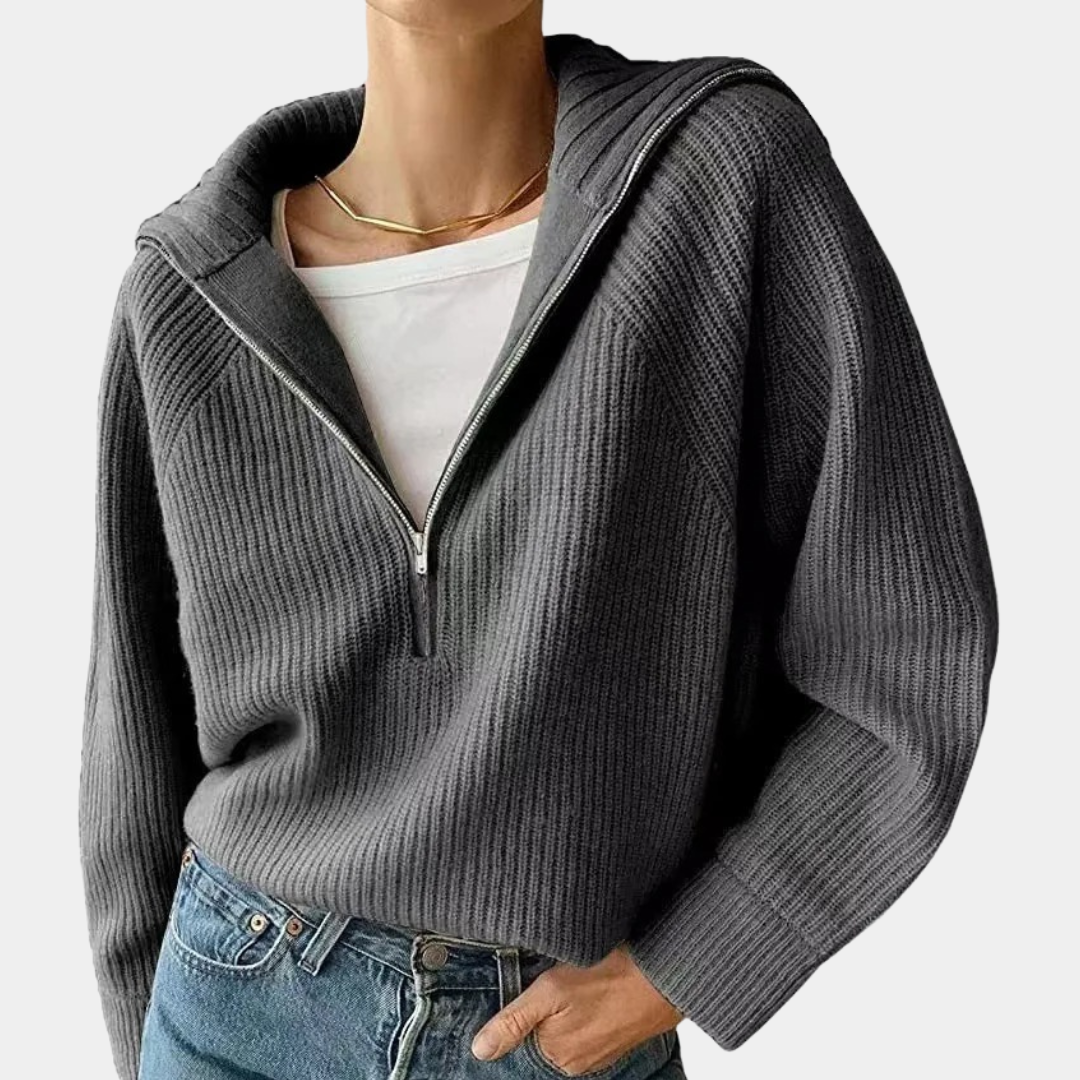 Caroline | Sweter damski bawełniany prążkowany z zamkiem
