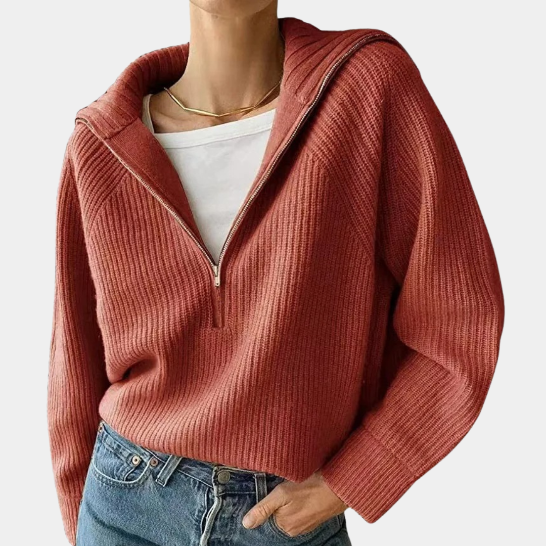 Caroline | Sweter damski bawełniany prążkowany z zamkiem