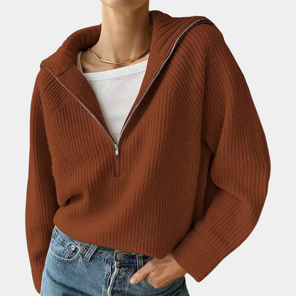 Caroline | Sweter damski bawełniany prążkowany z zamkiem