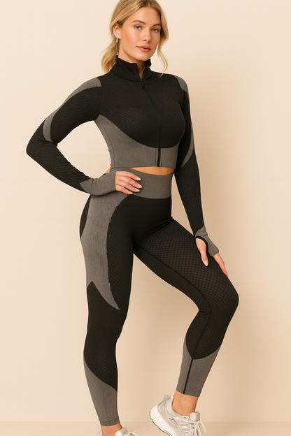 Gussie | Bezszwowy komplet treningowy do jogi i fitnessu legginsy, crop top i bluza