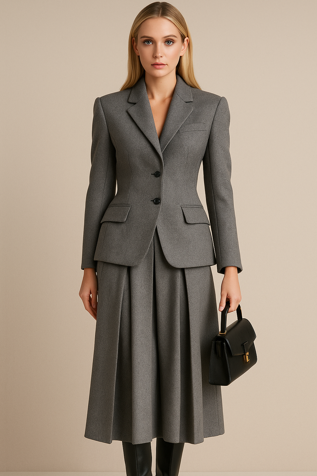 Marina - Modny, elegancki zestaw damski z plisowaną spódnicą i marynarką
