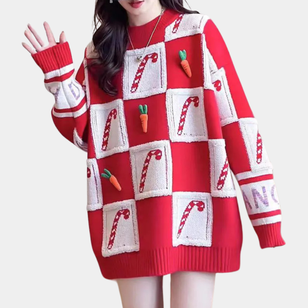 Ceri - Damski świąteczny sweter oversize z motywem lasek cukrowych